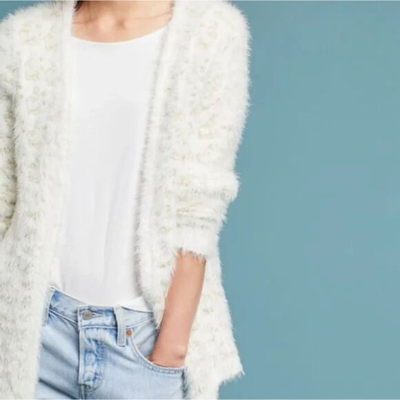 RAGA Cassidy LEOPARD Cardigan ANTHROPOLOGIE White Gold Eyelash Open Sweater - Picture 2 of 9